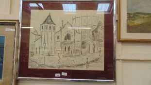 A framed and glazed possible pencil drawing of cinema, signed bottom left J.Barnett