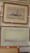 Two framed watercolours, one of ships, the other of coastal scene