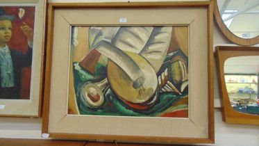 A mid-20th century design oil on board of abstract still life