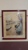 A framed and glazed possible watercolour of French canal scene, signed bottom left approx 65cm x