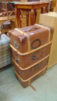 A fibre and wooden banded travelling trunk length approx 93cm