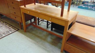 A reproduction beech effect two drawer desk approx 77cm