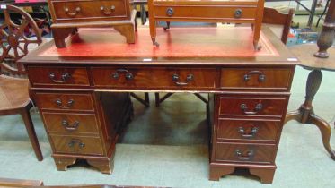 A reproduction mahogany twin pedestal desk with red tooled leather inset to top approx 80cm