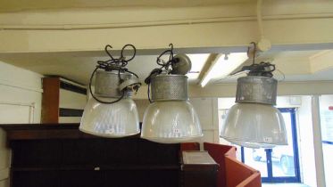 Three reproduction industrial style Pespex and metalwork ceiling lamps