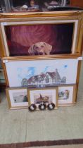 A large gilt framed oleograph of a dog together with two framed and glazed Shakespeare prints, three