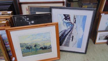 A collection of six framed and glazed watercolours, prints, etc on various subjects to include