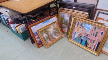 Eleven modern framed oils of countryside scenes, boating scenes, etc
