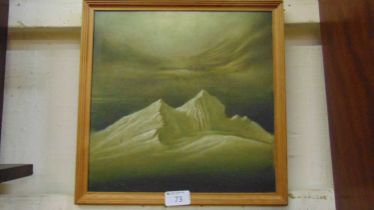 A framed oil on board of snowy mountain scene