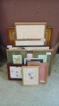 A selection of various framed artworks to include Cash's silks, church scenes, mother and child,