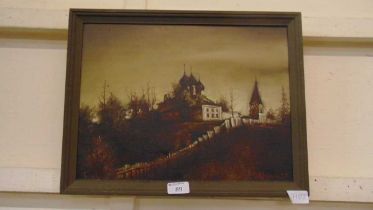 A framed oil on canvas of church and graveyard scene