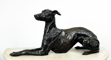 STUART ANDERSON, bronze, 'Mojo' sitting whippet, signed and numbered 7/15. 75cmL x 31cm H