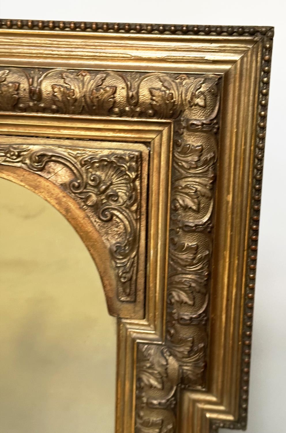 OVERMANTEL MIRROR, late 19th century giltwood and composition rectangular with arched and beaded - Image 6 of 6