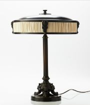 TABLE LAMP, 55cm H x 40cm, Empire style patinated metal and fabric lined with two lights.