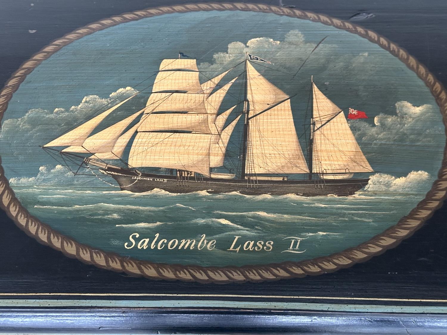 'NAVAL' CHEST, 19th century style black and lined with hand painted triple-mast sailing ship scene - Image 11 of 15