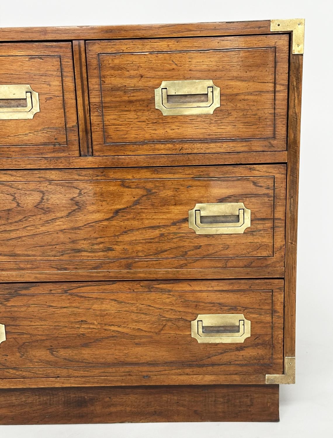 LOW CHEST, campaign style elm and brass bound with seven drawers, 143cm x 46cm x 73cm H. - Image 4 of 9