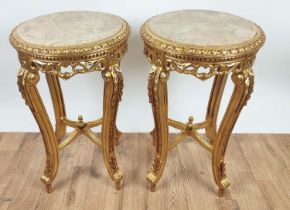 SIDE TABLES, 72cm H x 45cm, a pair, giltwood, with circular marble tops. (2)