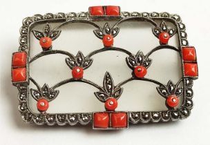 A THEODOR FAHRNER ART DECO SILVER MARCASITE BROOCH, rock crystal plaque,with coral cabouchons and