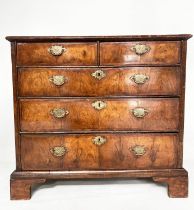 CHEST, early 18th century English Queen Anne figured walnut with quartered top above two short and
