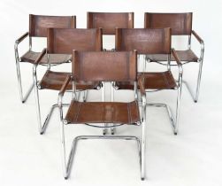 FASEM DINING CHAIRS, a set of six, Italian stitched mid brown natural hide leather on cantilever
