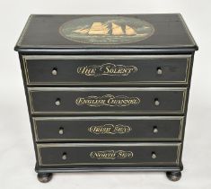 'NAVAL' CHEST, 19th century style black and lined with hand painted triple-mast sailing ship scene