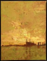 MELANIE ESSEX, 'Battersea orange sky', oil on canvas, 38cm x 29.5cm, inscribed verso.