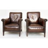 ARMCHAIRS, a pair, early 20th century French with brass studded mid brown natural hide leather and