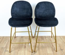 BAR STOOLS, a pair, black velvet seats, gilt metal frames, 100cm H. (2)