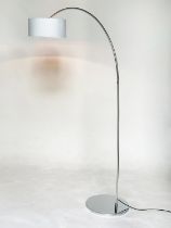 FLOOR LAMP, arched steel with weighted base and white contrast shade, approx 195cm H.