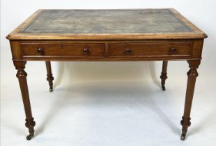 LIBRARY TABLE, Victorian mahogany, with a tooled leather top above two frieze drawers to either side