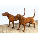 CONTEMPORARY SCHOOL SCULPTURAL DOGS, a pair, cast metal, oxidised finish, 91cm x 21cm x 75cm. (2)