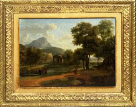 MANNER OF CLAUDE LORRAINE (French 1600-1682), 'Landscape with temple and figures', oil on canvas,