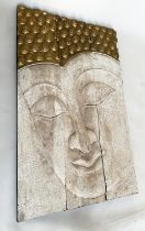 TEMPLE BUDDHA, early 20th century wall mounting triptych parcel gilt carved figure of Buddha,