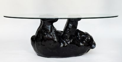 BEAR TABLE, oval plate glass with bear cub support, 114cm x 80cm x 45cm H.