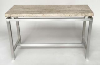 TRAVERTINE CONSOLE TABLE, 1960s Italian rectangular marble raised on stepped gilt metal support,