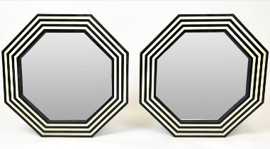 WALL MIRRORS, a pair, 1970s Italian design, octagonal inlaid frames, 61cm diam. (2)