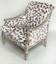 BERGERES, a pair, French oak, grey and parcel gilt framed, cut leaf velvet upholstery and spiral