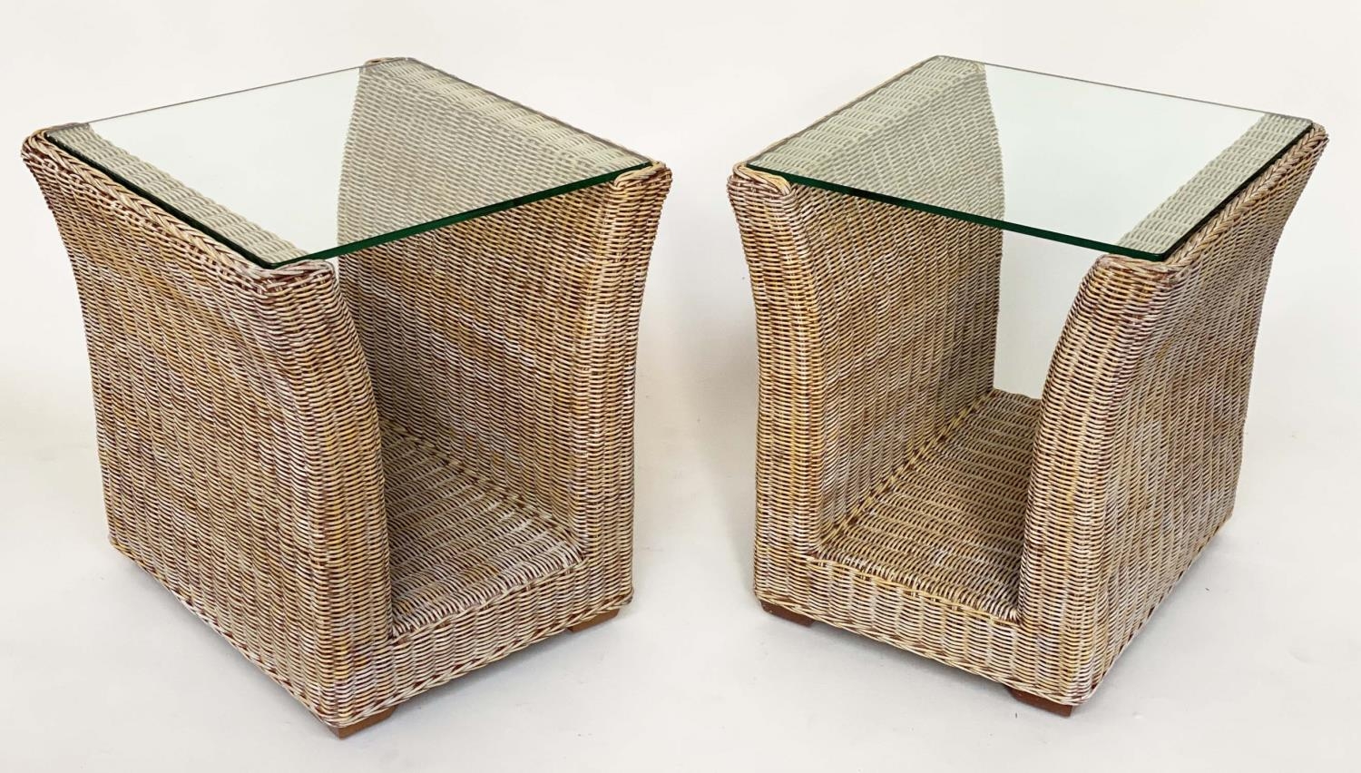 LAMP/OCCASIONAL TABLES, a pair, 1970s woven cane and rattan frame of 'U' form with beveled - Image 2 of 11