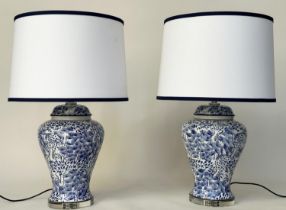 TABLE LAMPS, a pair Chinese blue and white ceramic of lidded vase form, stylised foliage and clear
