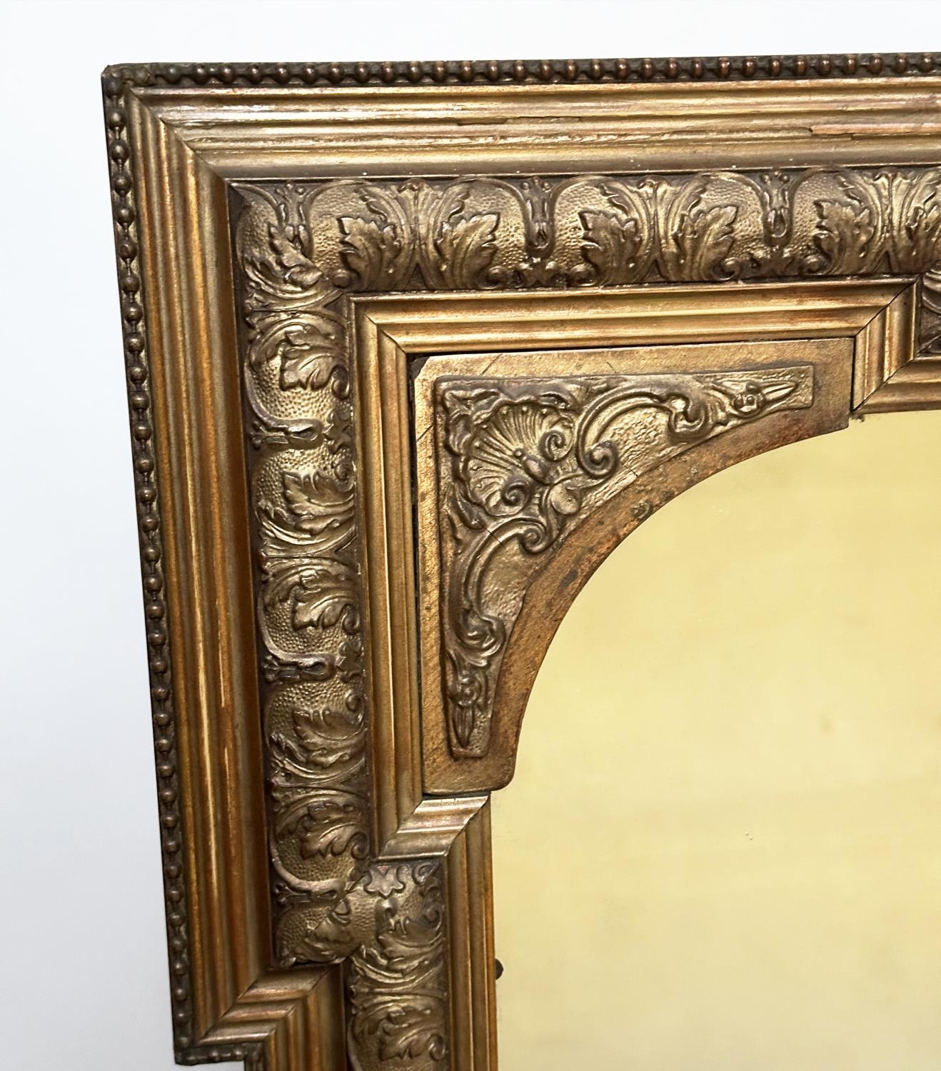 OVERMANTEL MIRROR, late 19th century giltwood and composition rectangular with arched and beaded - Image 5 of 6