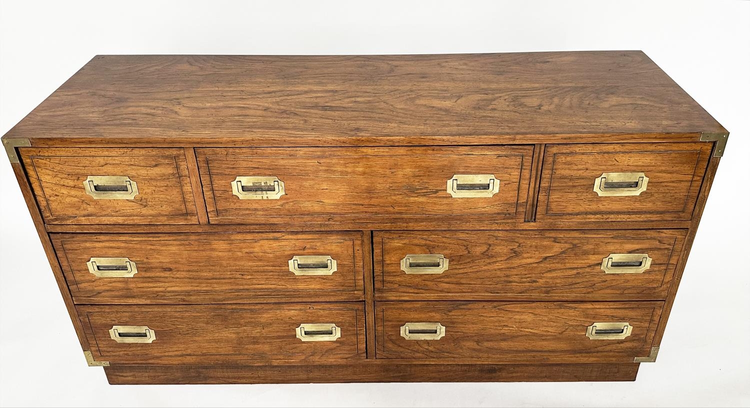 LOW CHEST, campaign style elm and brass bound with seven drawers, 143cm x 46cm x 73cm H. - Image 5 of 9