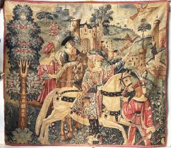 WALL HANGING, 16th century style, Tapestry style depiction of courtly hunting scene, 212cm H x 241cm