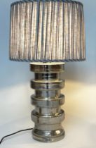 TABLE LAMPS, a pair, Venetian style silvered mirrored glass of circular drum form with pleated