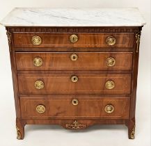 DUTCH COMMODE, 19th century mahogany and satinwood line inlaid with four long drawers and gilt metal