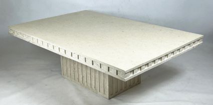 TRAVERTINE LOW TABLE, Italian tessellated travertine veneered rectangular top on plinth base, 50.5cm