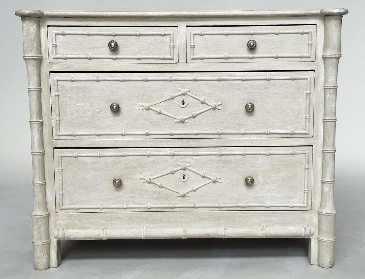 FAUX BAMBOO CHEST, 19th century traditionally grey painted with two short above two long drawers,