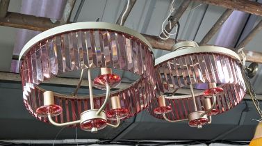 CEILING LIGHTS, a pair, each three branch, with rose tinted glass detailing, 39cm drop each approx..