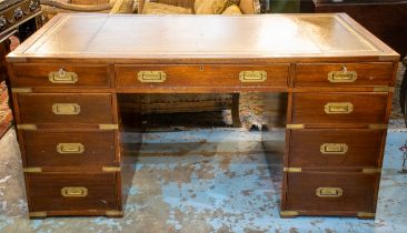 CAMPAIGN STYLE PEDESTAL DESK, 75cm H x 151cm x 80cm, mahogany and brass bound with green leather top