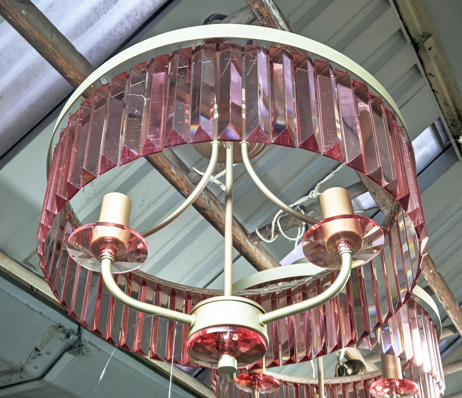 CEILING LIGHTS, a pair, each three branch, with rose tinted glass detailing, 39cm drop each approx.. - Image 3 of 5