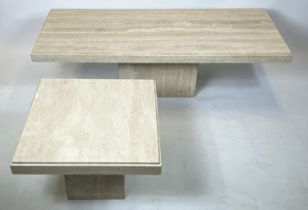 TRAVERTINE LOW TABLE, Italian rectangular travertine marble top on a plinth base by Stone