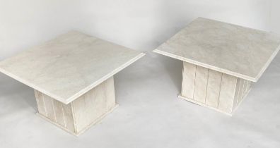 LAMP TABLES, a pair, square figured carrara white marble raised upon square column bases, 76cm x